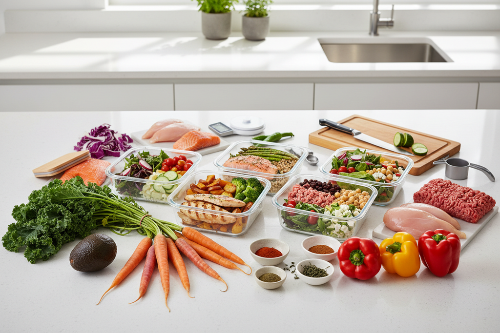 Weekly meal prep service with fresh ingredients and prepared meals