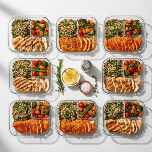 Portioned meal prep containers with grilled chicken, roasted vegetables and quinoa