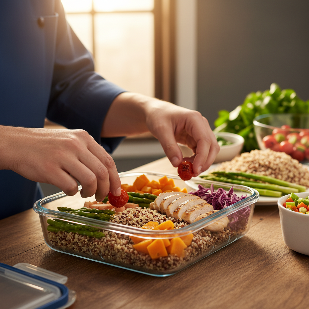 Chef preparing fresh meal prep containers with colorful ingredients