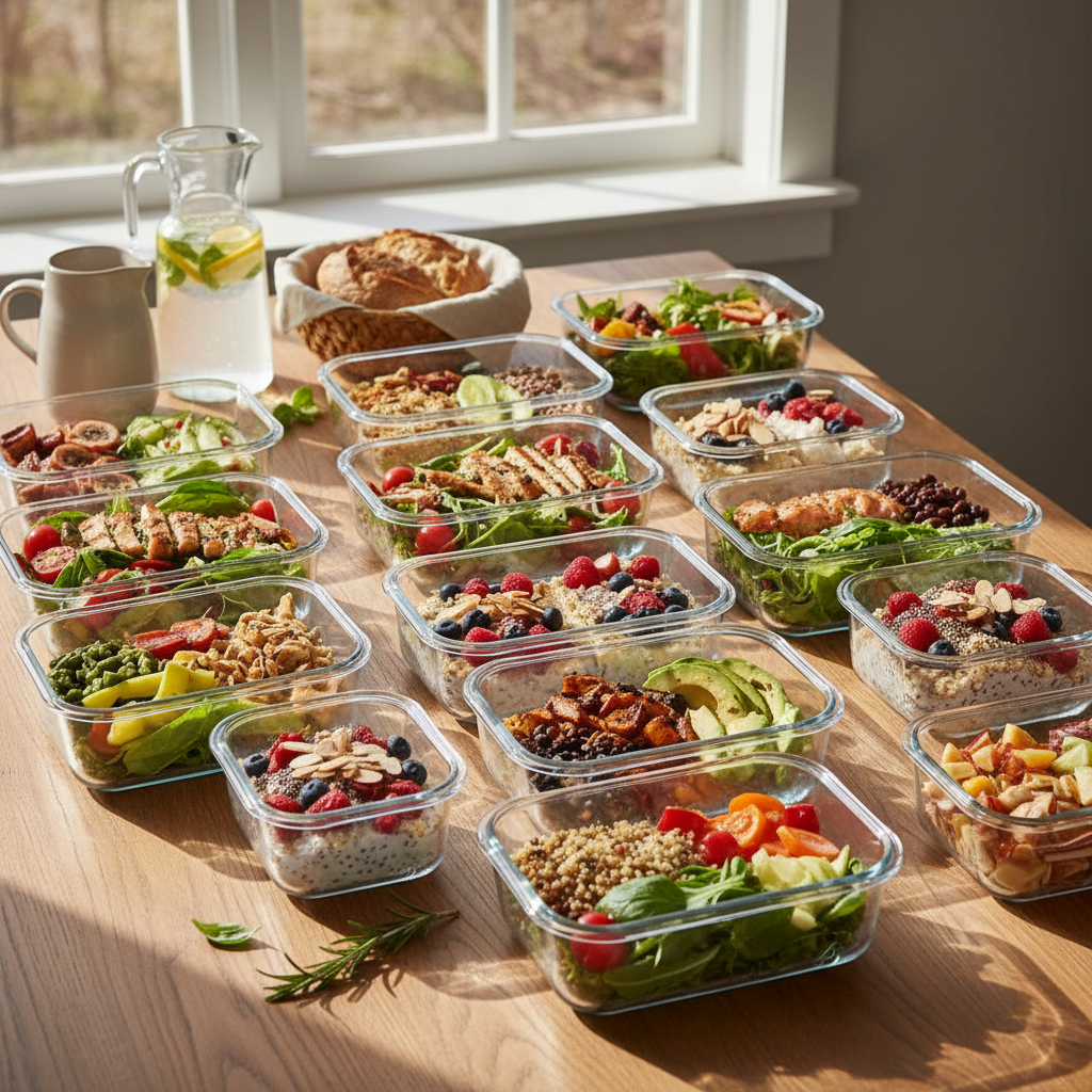 Elegant meal prep spread with glass containers on a wooden table